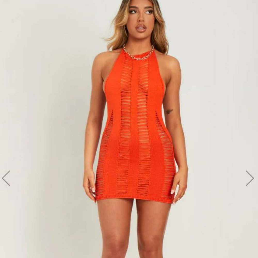 Missy Empire - Adriana Orange Halter Neck Laddered Knit Dress
